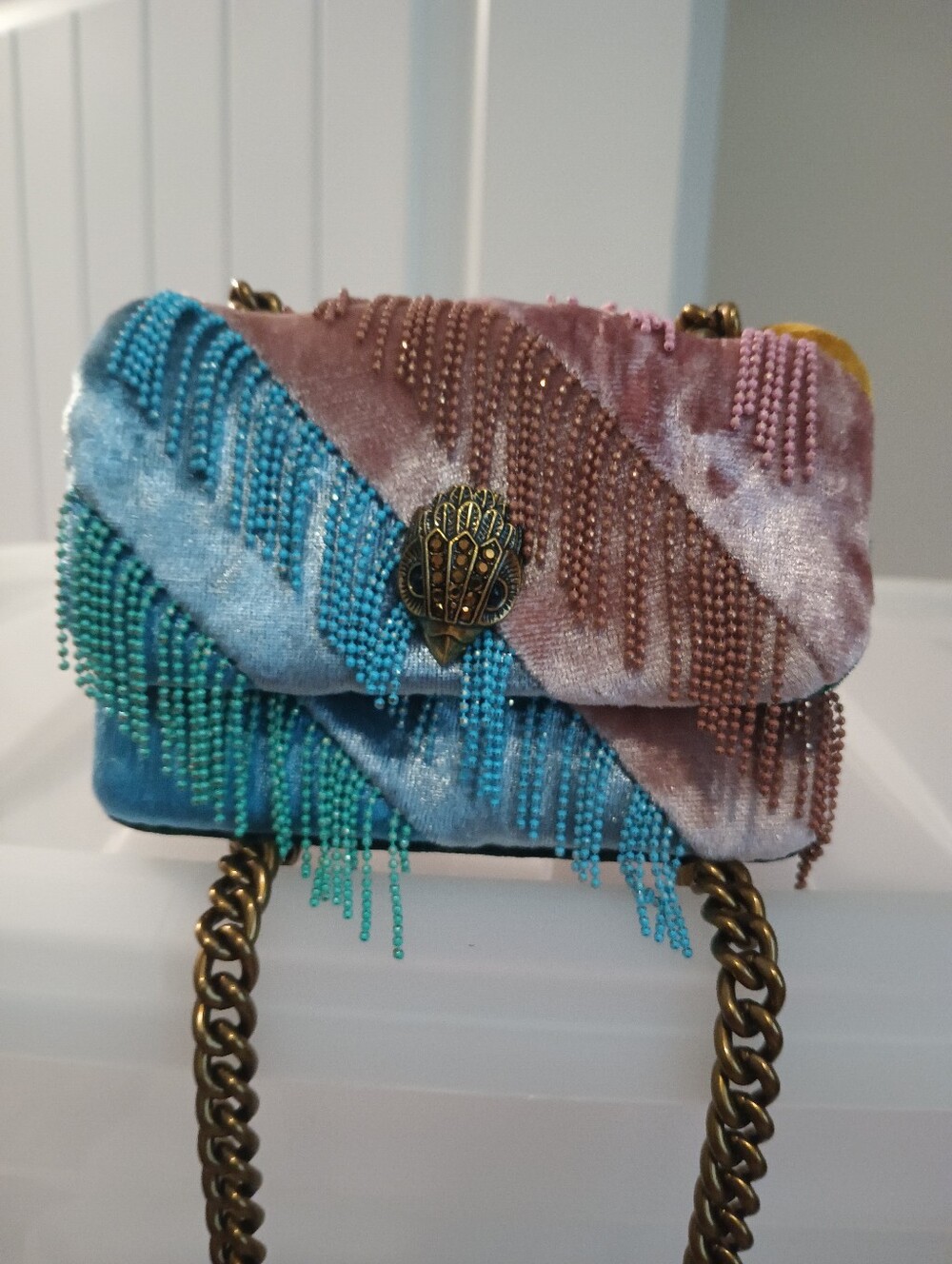 Kurt Geiger Velvet Beaded Fringe Nano Bag - Blue, Pink, Green